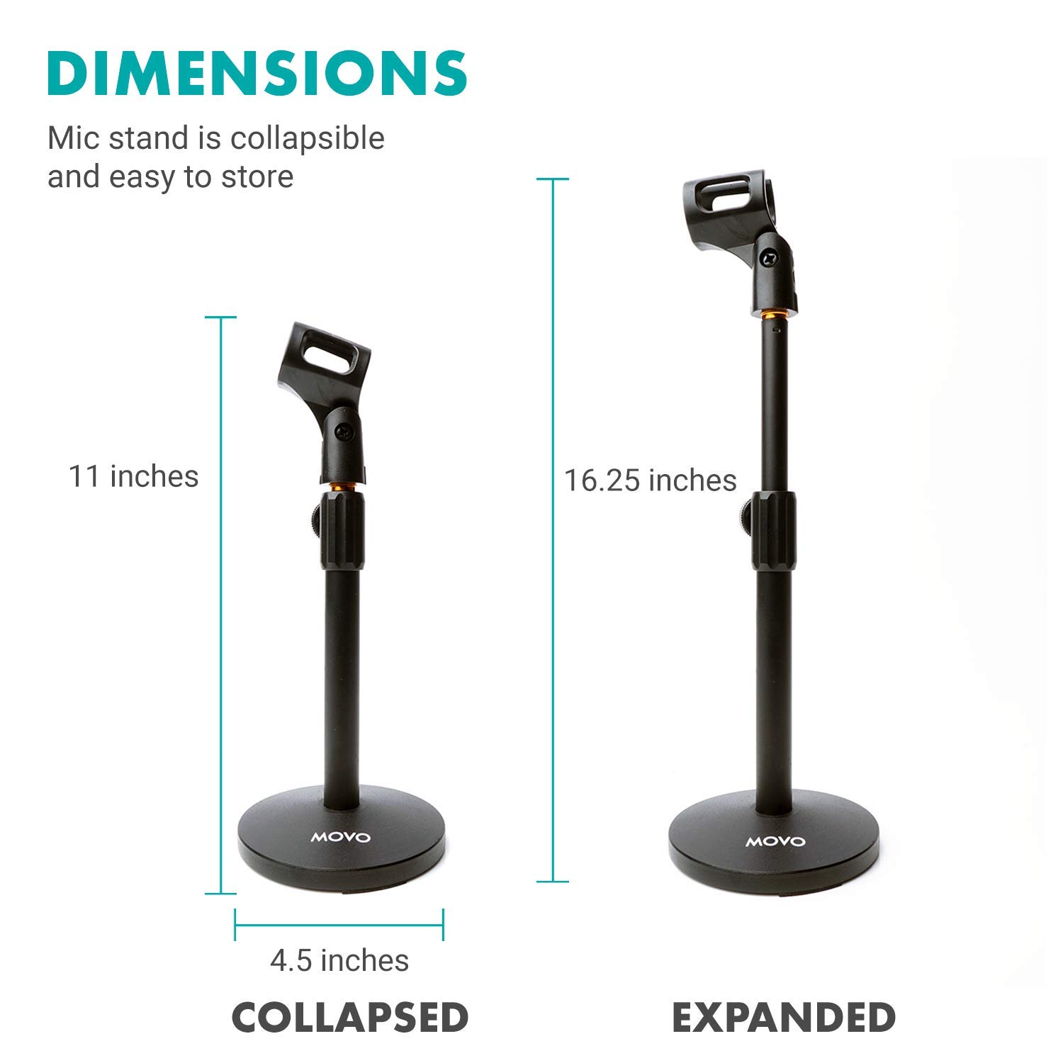 Movo TMC-3 Small Adjustable Table Mic Stand with Round Base and Universal Mic Clip. Table Top Mic Stand Height is Adjustable with Weighted Base Sits on Desk Ideal for Podcast, Livestream, & Interviews