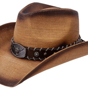 Queue Essentials Men & Women's Woven Straw Cowboy Cowgirl Hat Western Outback w/Wide Brim (Long Horn)