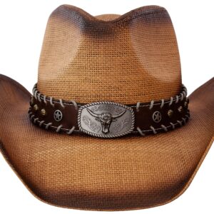 Queue Essentials Men & Women's Woven Straw Cowboy Cowgirl Hat Western Outback w/Wide Brim (Long Horn)