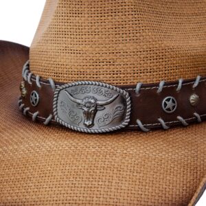 Queue Essentials Men & Women's Woven Straw Cowboy Cowgirl Hat Western Outback w/Wide Brim (Long Horn)