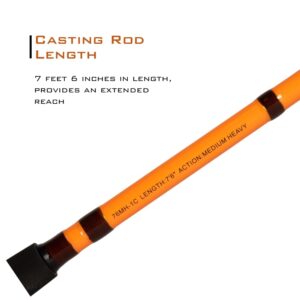 Catfish Pro Tournament Series Casting Rod - 7'6" One-Piece Rod with S-Glass, E-Glass & Carbon Graphite Construction, Super Grip, Glow Tip, Heavy-Duty Stainless-Steel Guides - Ideal for Big Catfishing!