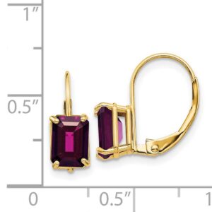 Emerald Cut Natural Rhodolite Garnet Leverback Earrings in 14k Yellow Gold 7x5mm