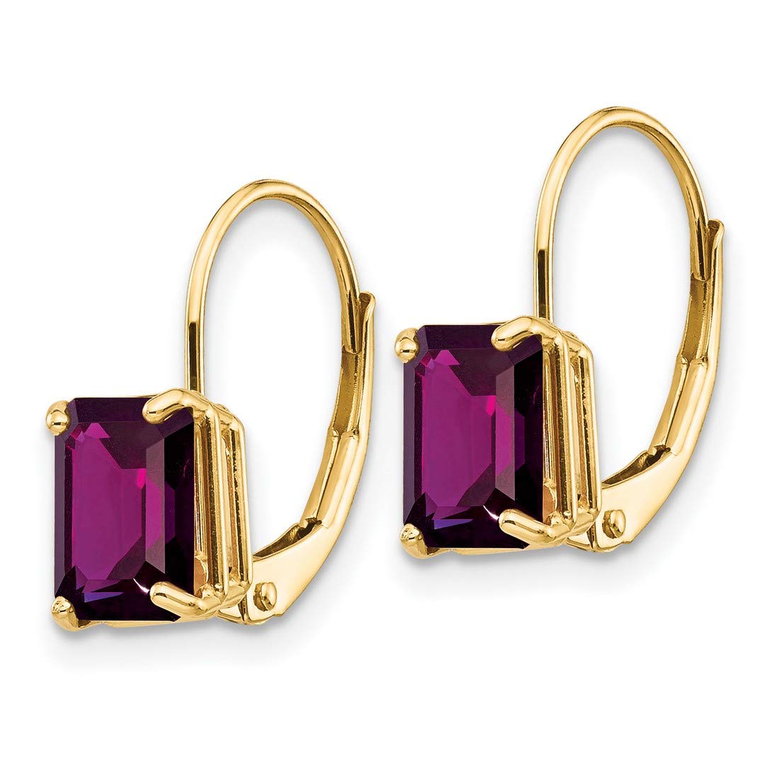 Emerald Cut Natural Rhodolite Garnet Leverback Earrings in 14k Yellow Gold 7x5mm