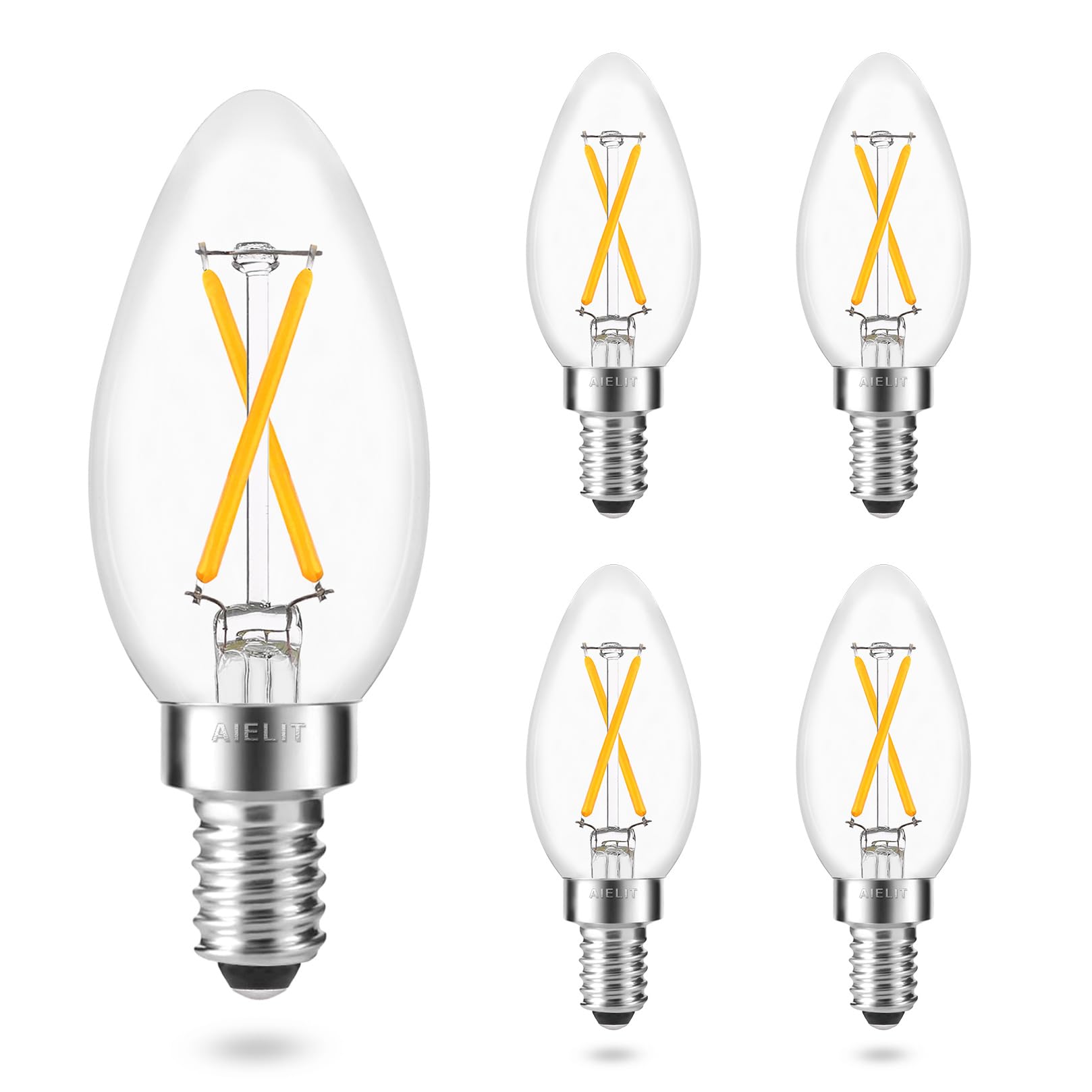 AIELIT Vintage LED Candelabra Bulbs 25W Equivalent, Warm White 2700K, E12 LED Light Bulb Dimmable, 200 Lumens, Clear Glass, 2W B11/B10/C35 Edison Torpedo Filament Bulb for Ceiling Fans, 4-Pack