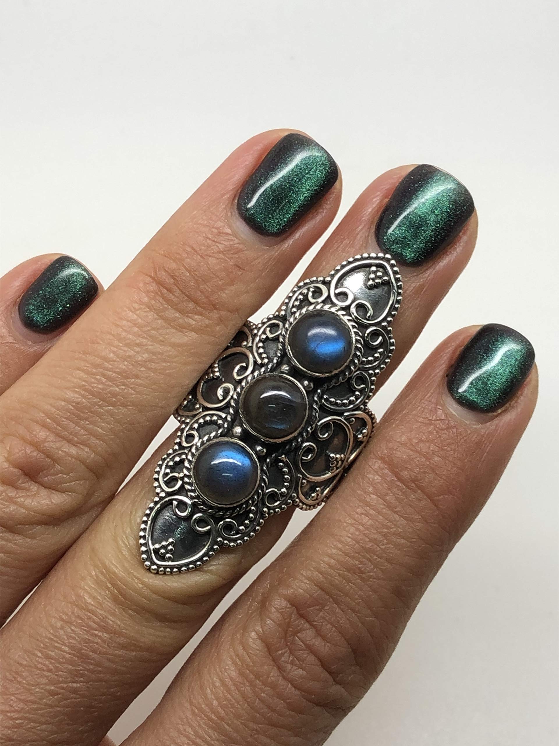 Koral Jewelry Labradorite 3 Stones Ethnic Vintge Gipsy Multi Stone Ring 925 Sterling Silver Vintage Tribal Gipsy Boho Chic (10)