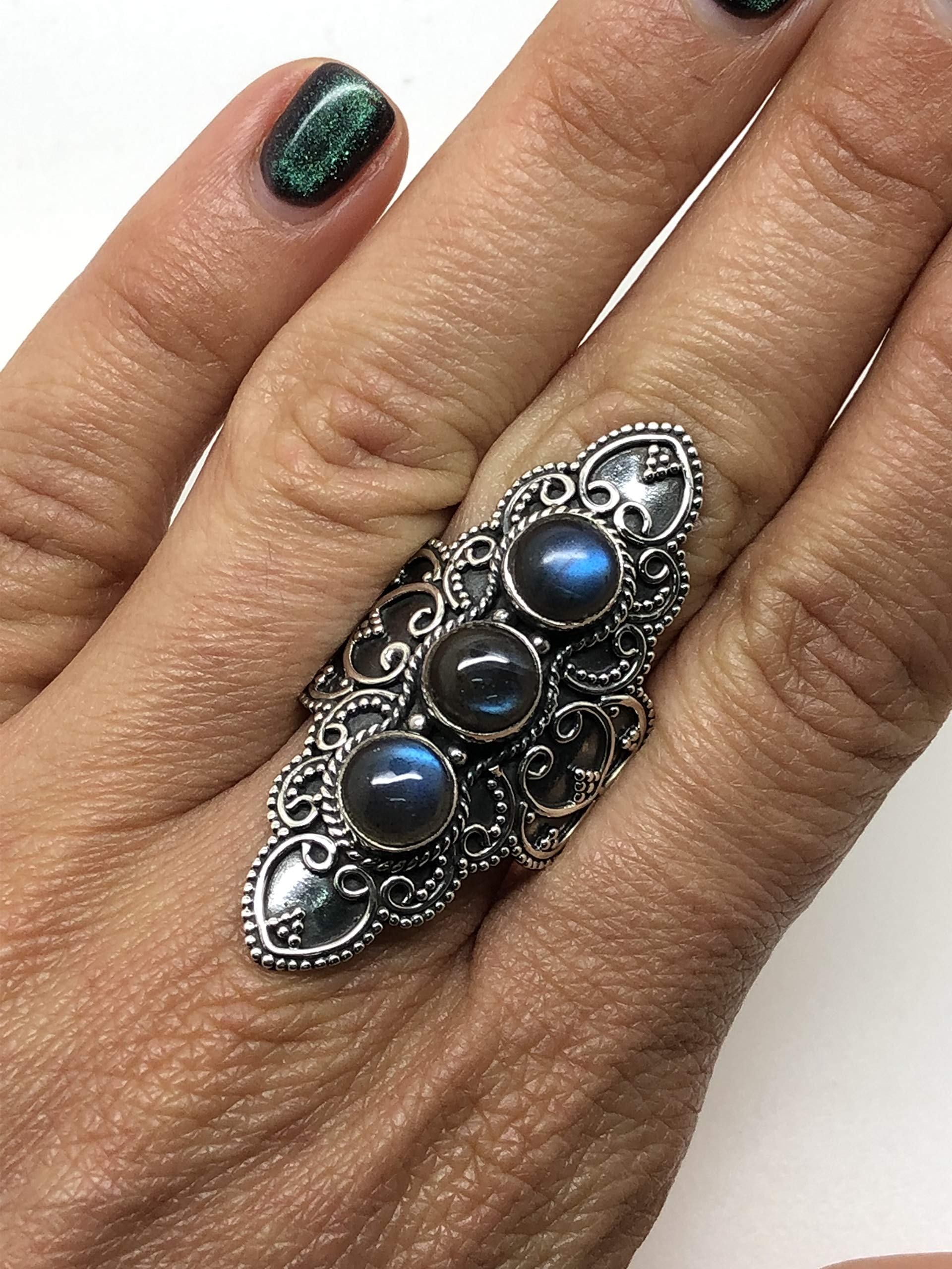 Koral Jewelry Labradorite 3 Stones Ethnic Vintge Gipsy Multi Stone Ring 925 Sterling Silver Vintage Tribal Gipsy Boho Chic (10)