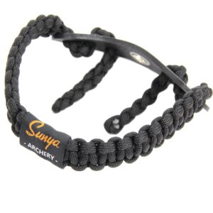 sunya archery bow wrist sling, 550 paracord strap comfortable on hand.100% full grain leather yoke, multiple camo colors.fit compound bow stabilizer & recurve. (black)