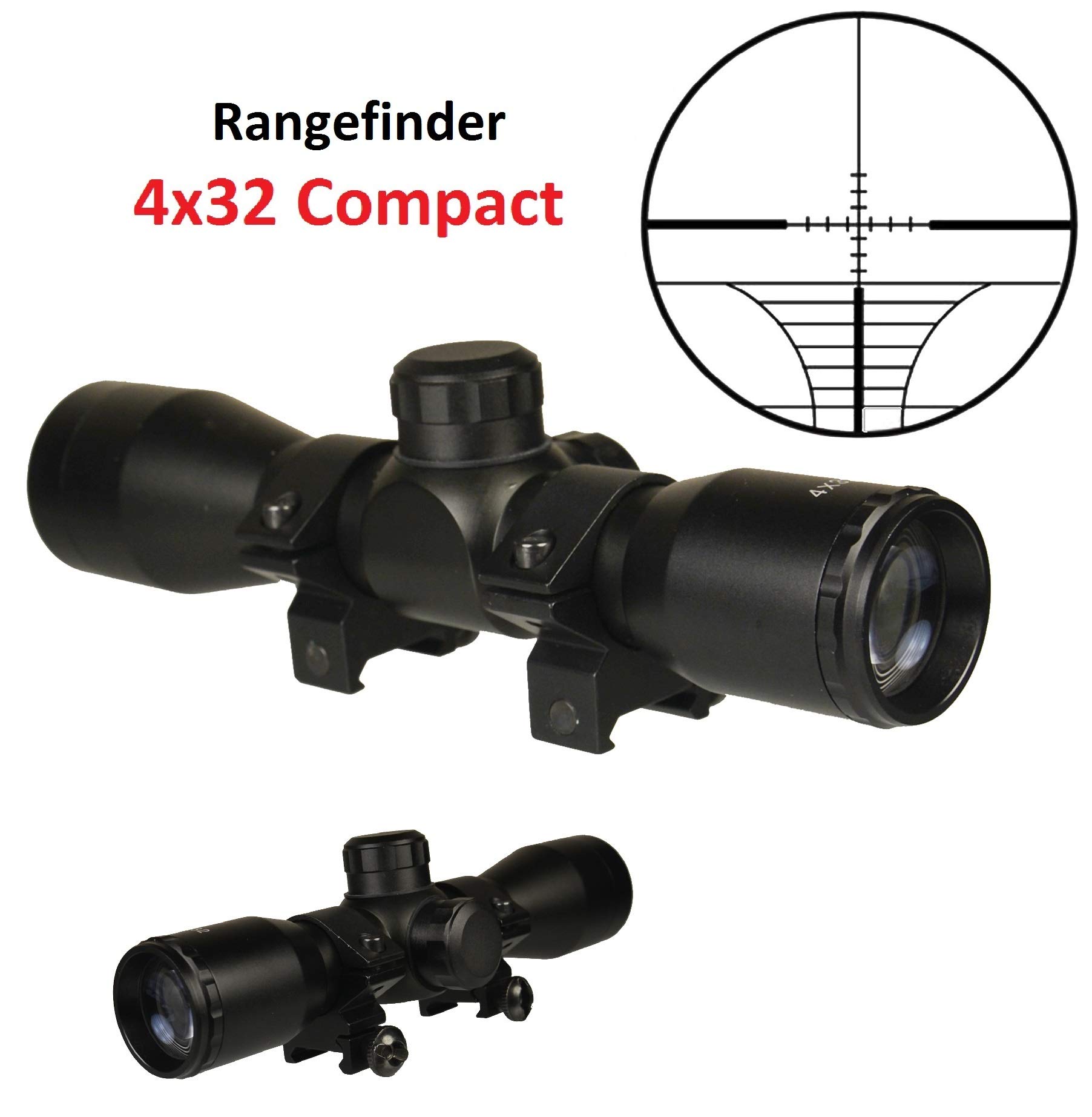 TWP 4x32 Compact Hunting Scope, Rangefinder Reticle, 1" Tube and Mid-Height Weaver Ring Mount