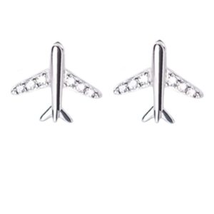 Helen de Lete Airplane Rhinestone Plane S925 Sterling Silver Stud Earrings (Silver) For Women