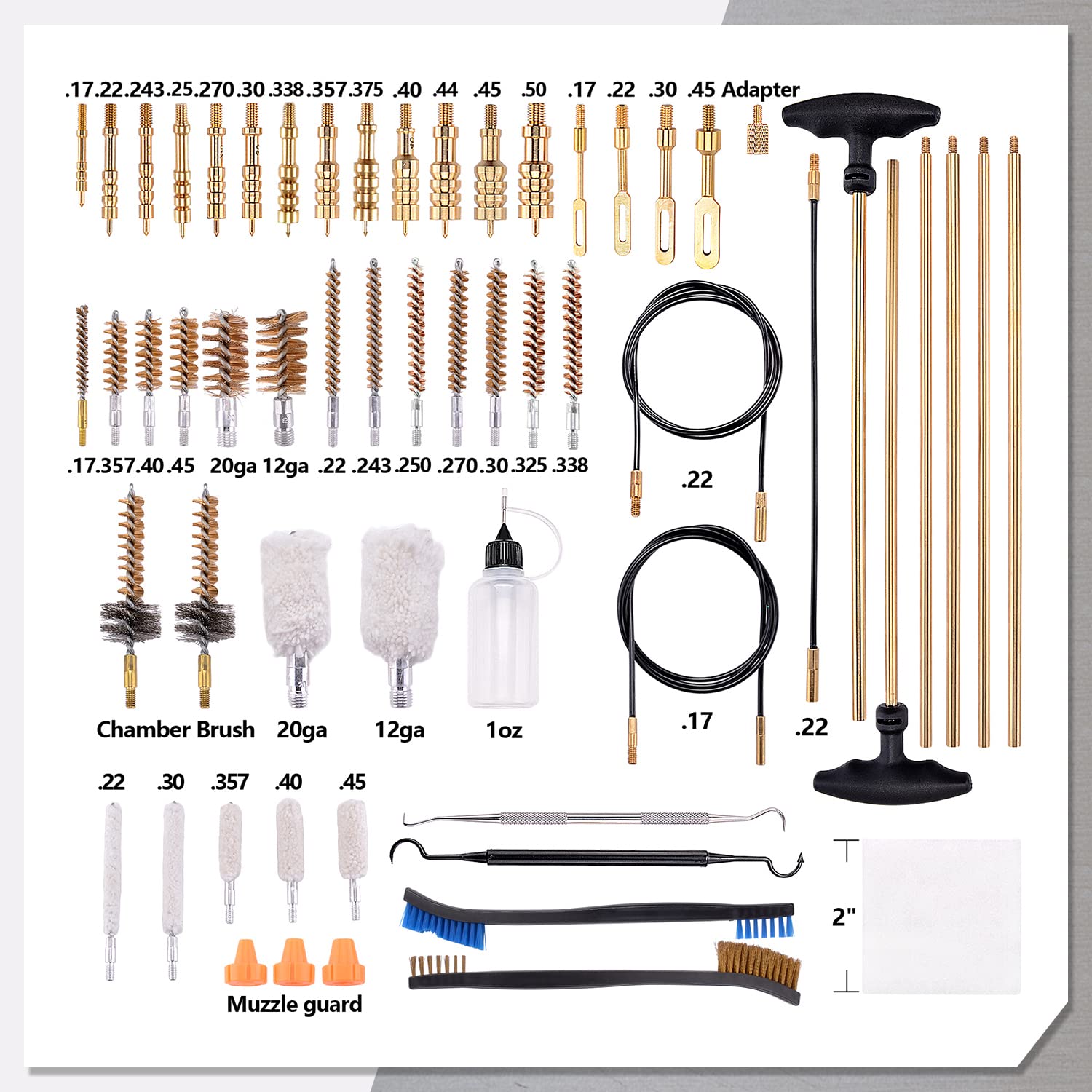 Raiseek Gun Cleaning Kit Rifle Pistol Shotgun Universal Cleaning Kit for 20GA 12GA .45 .40 .357/.380/.38/9MM .338 .325/8mm .30/7.62MM .270 .250 .243 .22 .17 All Calibers (Brass Jags-Orange)