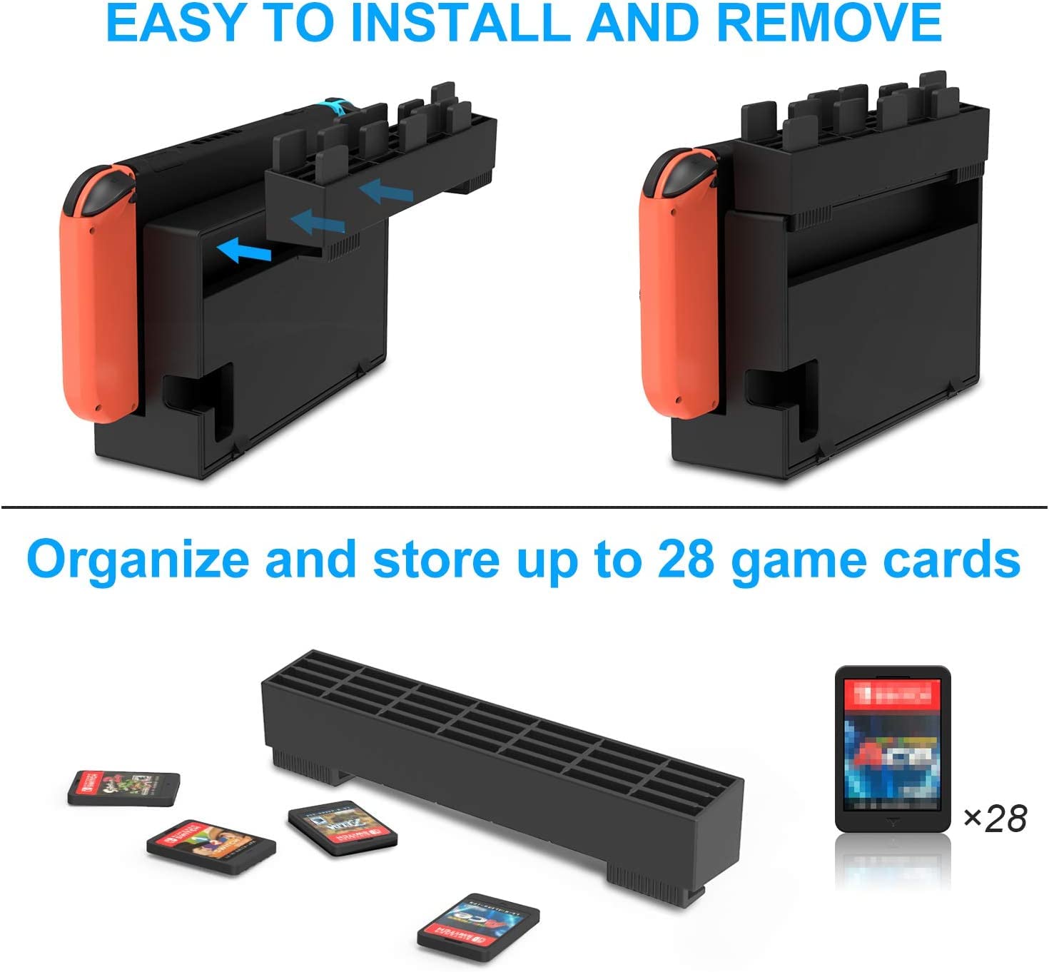 FASTSNAIL Charger Compatible with Nintendo Switch for Joy con, Charging Dock Stand Station Base and Game Card Storage Holder with 28 Game Card Slots Compatible with Nintendo Switch