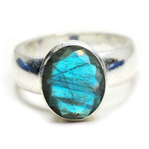 SURYAGEMS Genuine Oval Shape Faceted Labradorite Silver Simple Ring for Chakra Healing Jewelry US 4-13