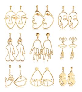 yadoca 9 pairs face hand earrings for women hollow statement geometric fun abstract art earrings