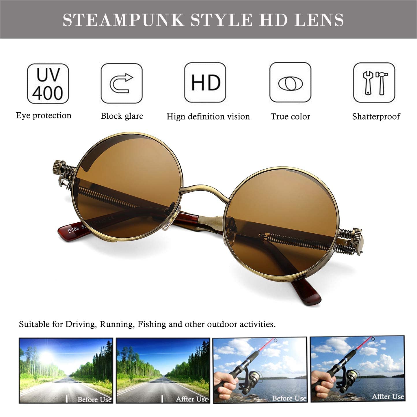 HJSTES Vintage Round Steampunk Sunglasses for Women Men Circle Gothic Glasses Retro Metal Frame(Brown Lens/Bronze Frame)