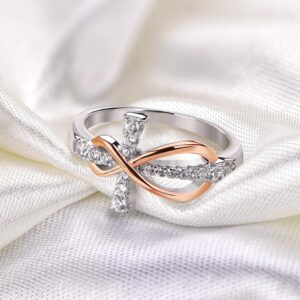 JO WISDOM 925 Sterling Silver Cubic Zirconia Cross Infinity Ring,Rose Gold Women's Infinity Wedding Engagement Statement Rings