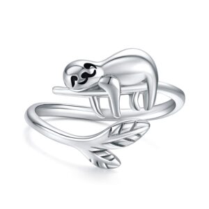 JUSTKIDSTOY Sloth Ring S925 Sterling Silver Adjustable Open Band Cute Animal Jewelry Graduation Gifts for Women for Sloth Lover