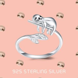 JUSTKIDSTOY Sloth Ring S925 Sterling Silver Adjustable Open Band Cute Animal Jewelry Graduation Gifts for Women for Sloth Lover