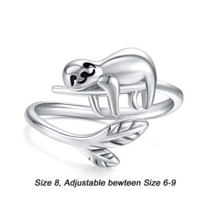 JUSTKIDSTOY Sloth Ring S925 Sterling Silver Adjustable Open Band Cute Animal Jewelry Graduation Gifts for Women for Sloth Lover