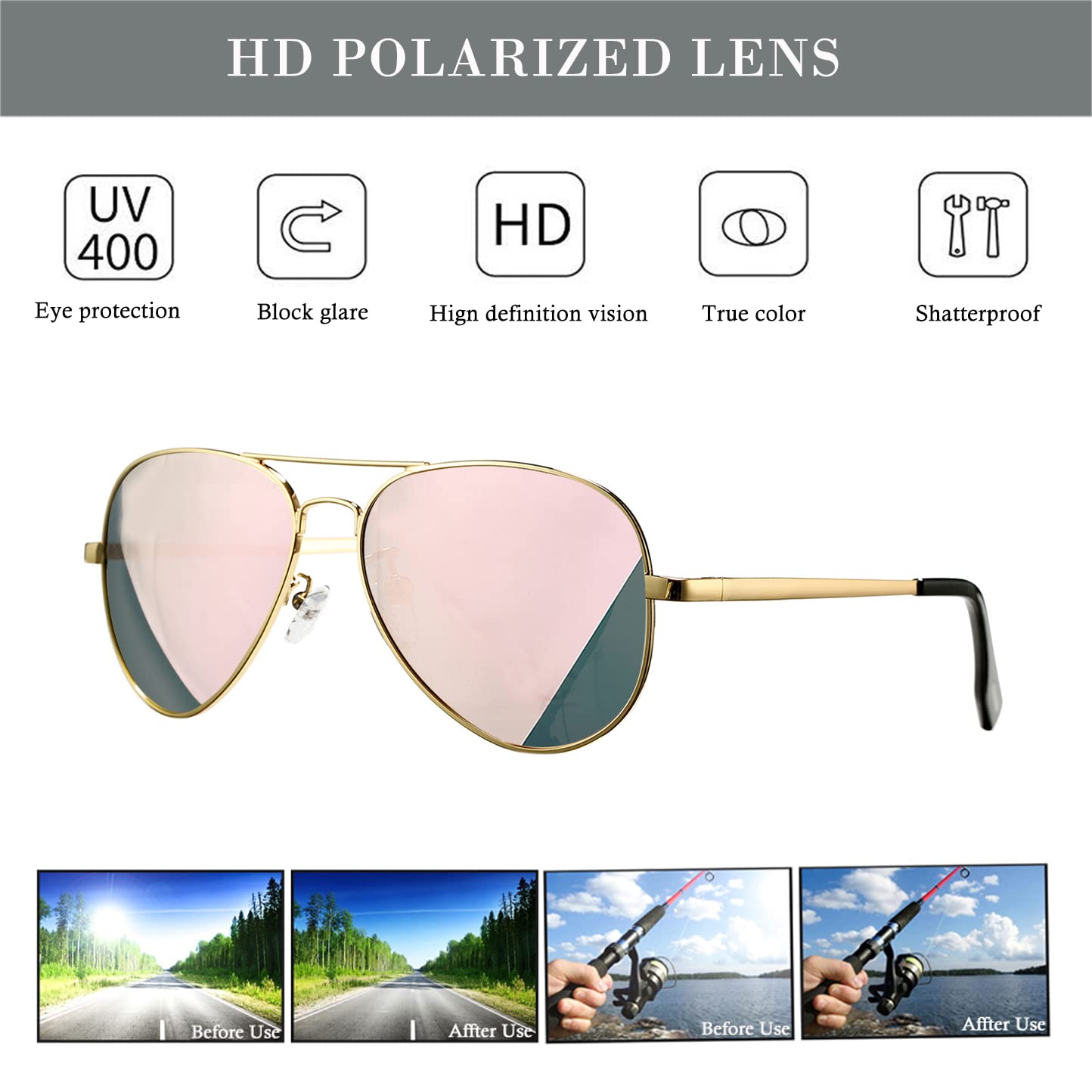 HJSTES Polarized Aviator Sunglasses for Women Men Classic Metal Shades Mirror Lens 100% UV Blocking, 58mm(Glod Frame/Pink Mirrored)