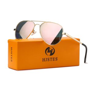 HJSTES Polarized Aviator Sunglasses for Women Men Classic Metal Shades Mirror Lens 100% UV Blocking, 58mm(Glod Frame/Pink Mirrored)