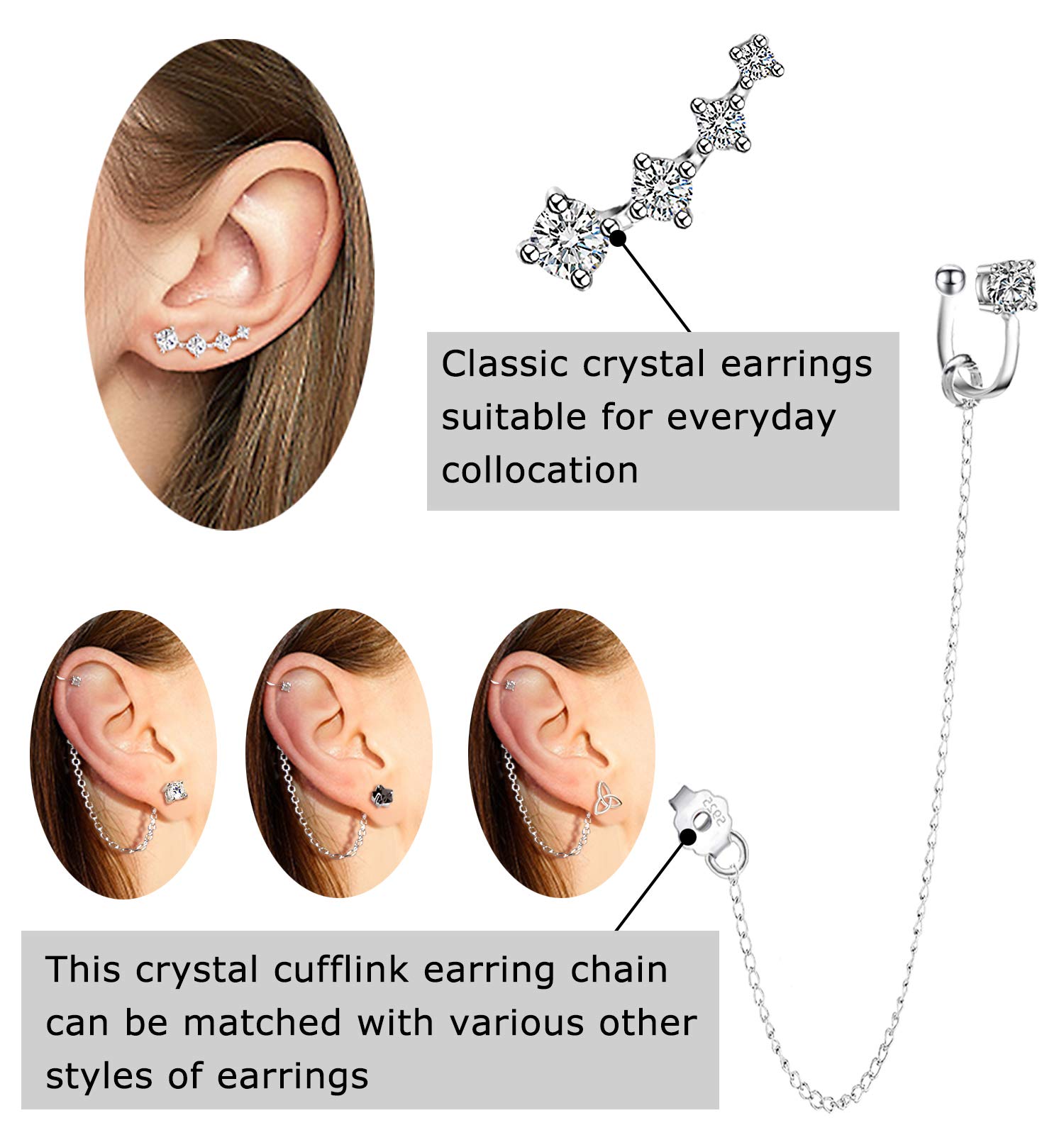 CZ 925 Sterling Silver 14K Gold Plated Ear Crawler Hypoallergenic 4 Crystals Stud Earring with Chain Threader Earrings for Women (White Gold)