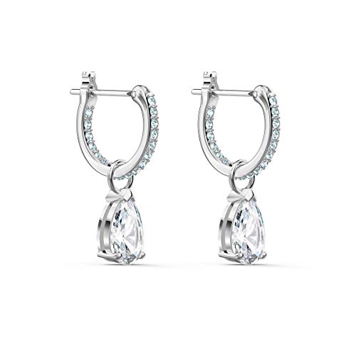 Swarovski Stilla Attract Mini Hoop Pierced Earrings with Pear Shaped Clear Cut Crystal and Matching Pavé on a Rhodium Finished Setting with a Hinge Closure