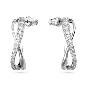 swarovski twist rows mini hoop pierced earrings with sparkling clear crystal pavé on a rhodium plated setting with butterfly closure