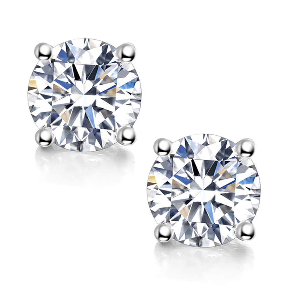 Moissanite Stud Earrings, 2ct 6.5mm DF Color Brilliant Round Cut Lab Created Moissanite Earrings 18K White Gold Plated Silver Friction Back for Women Men