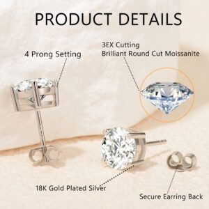 Moissanite Stud Earrings, 2ct 6.5mm DF Color Brilliant Round Cut Lab Created Moissanite Earrings 18K White Gold Plated Silver Friction Back for Women Men