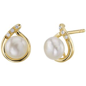 Peora Freshwater Cultured White Pearl Stud Earrings in 14K Yellow Gold, Round Button Shape, 6.50mm Teardrop Halo Solitaire, Friction Backs