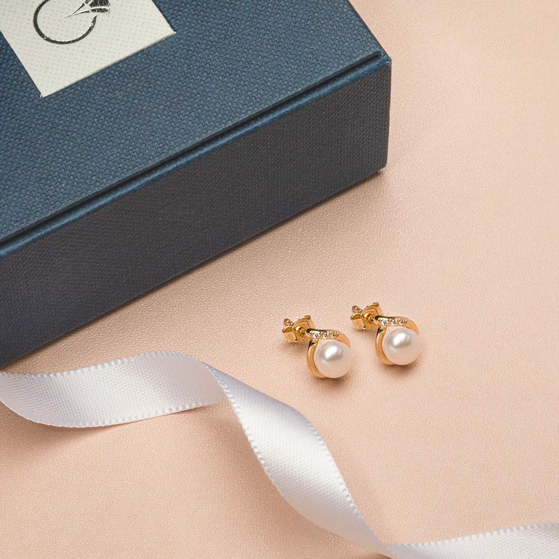 Peora Freshwater Cultured White Pearl Stud Earrings in 14K Yellow Gold, Round Button Shape, 6.50mm Teardrop Halo Solitaire, Friction Backs