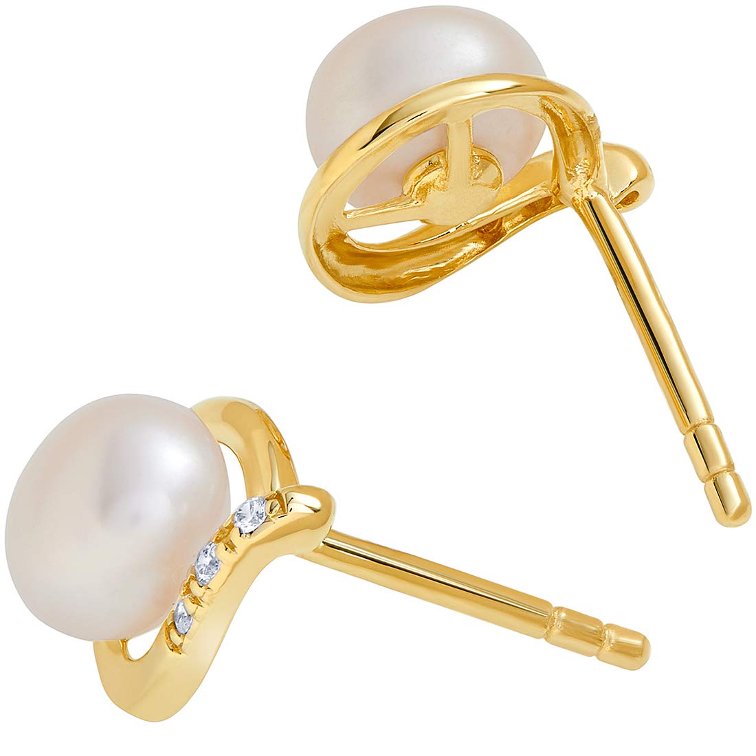 Peora Freshwater Cultured White Pearl Stud Earrings in 14K Yellow Gold, Round Button Shape, 6.50mm Teardrop Halo Solitaire, Friction Backs