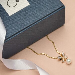 PEORA Freshwater Cultured White Pearl Pendant in 14K Yellow Gold, Round Shape, 5mm Pretty Bow-Tie Dangle Design