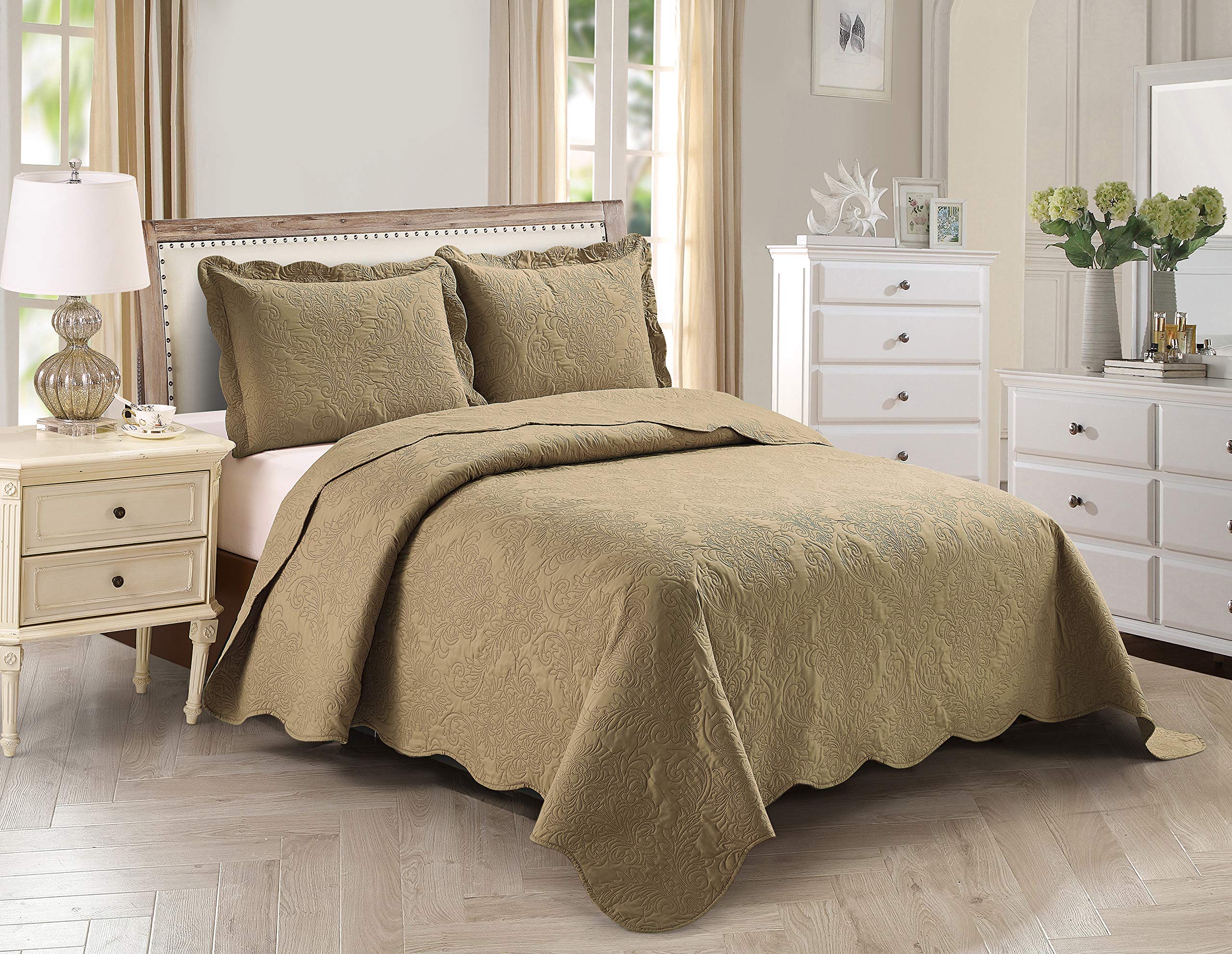 Home Collection Over Size Elegant Embossed Bedspread Set Light Weight Solid Color New (Taupe, King/Cal King)