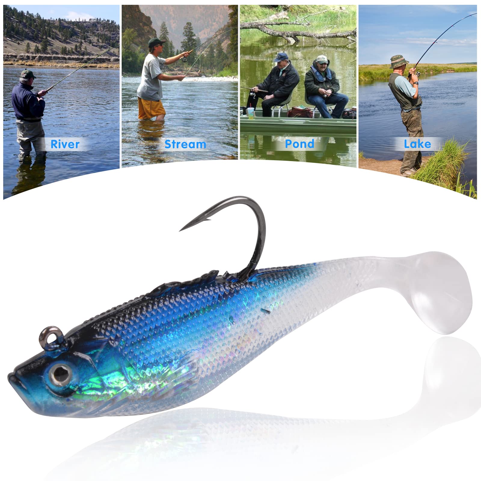 Pre-Rigged Jig Head Soft Fishing Lures, Paddle Tail Swimbaits for Bass Fishing Shad Freshwater Saltwater Fishing Trout Pike Walleye Crappie