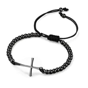 555Jewelry Stainless Steel Sideways Cross Bracelet for Women Adjustable String Bracelets Cross, Extendable Slide Cuff Bangle Beaded Bolo Bracelets for Women, Black