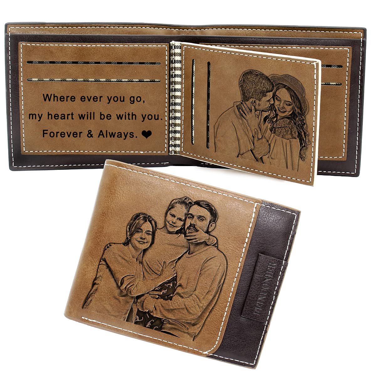 Amlion Personalized Custom Wallets, Engraved Leather Photo Wallet for Men Dad Husband Brown