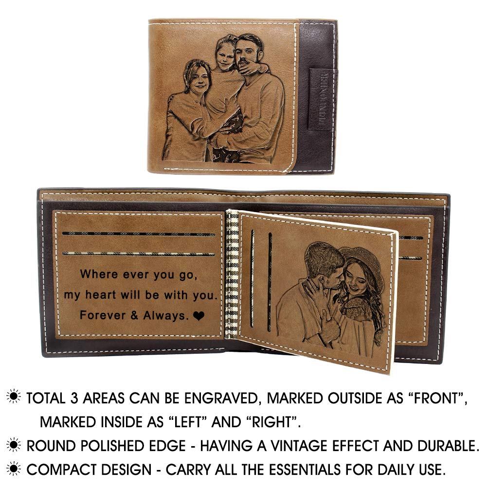 Amlion Personalized Custom Wallets, Engraved Leather Photo Wallet for Men Dad Husband Brown