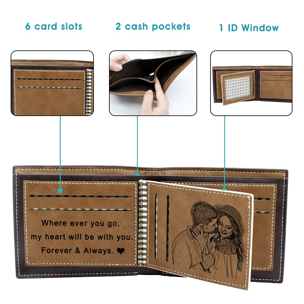 Amlion Personalized Custom Wallets, Engraved Leather Photo Wallet for Men Dad Husband Brown