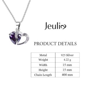 Jeulia 925 Silver Double Heart Pendant Necklace Amethyst Diamond Pendant with CZ Stone Romantic Jewelry Gifts for Her Mother’s day Aniversary Promise Gift (Silver) (Purple)