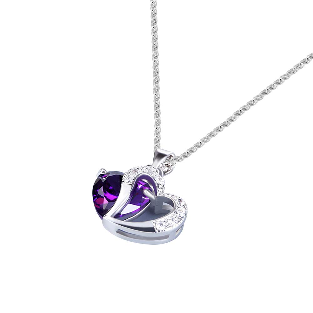 Jeulia 925 Silver Double Heart Pendant Necklace Amethyst Diamond Pendant with CZ Stone Romantic Jewelry Gifts for Her Mother’s day Aniversary Promise Gift (Silver) (Purple)