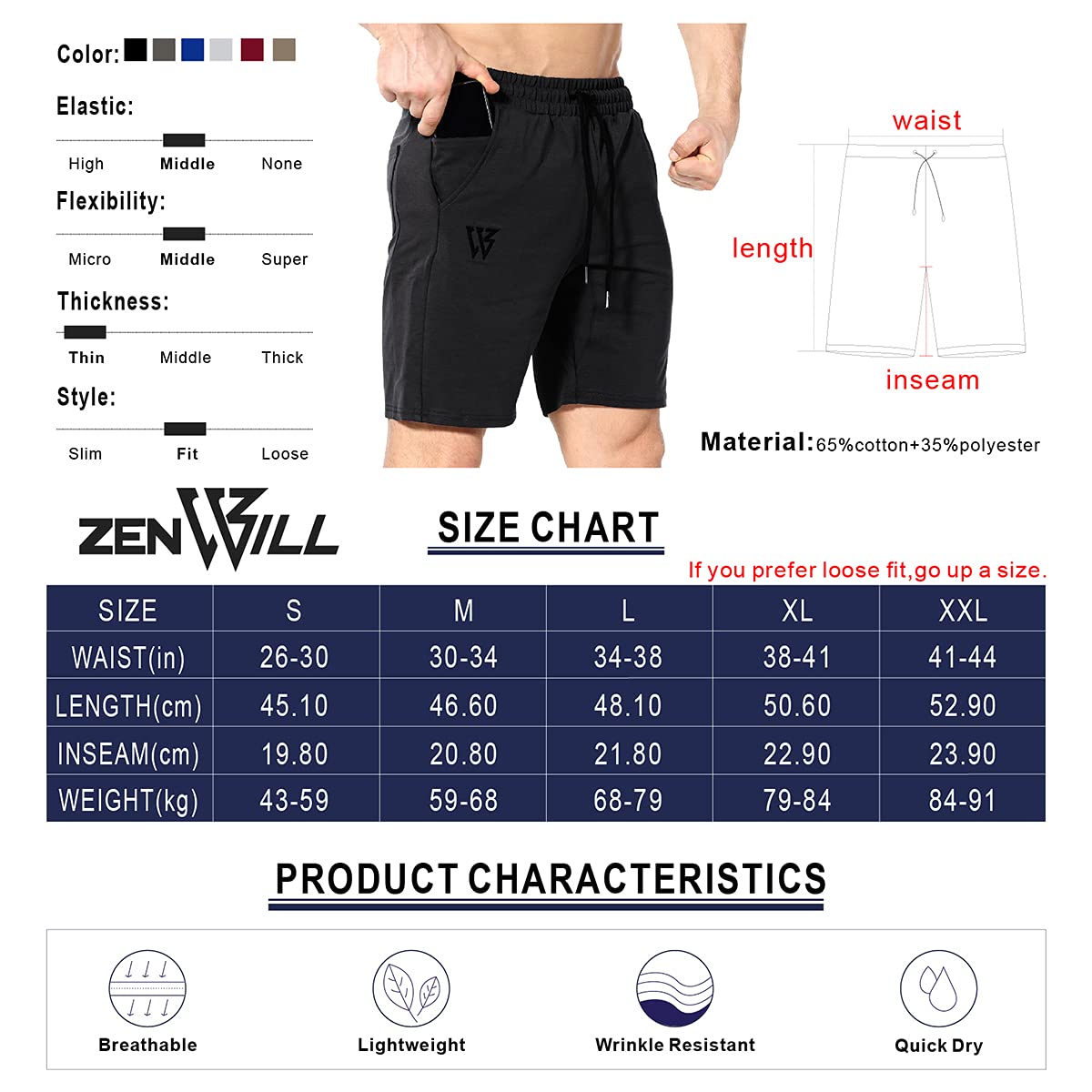 ZENWILL Mens Gym Running Shorts, Workout Athletic Bodybuilding Fitness Shorts with Zip Pockets (Medium,Black)