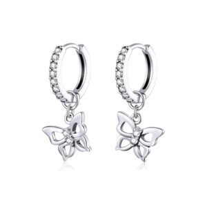 Cute CZ Butterfly Dangle Hoop Earrings for Women S925 Sterling Silver with Charms Huggie Hoops Crystal Drop Cartilage Filigree Jewelry Delicate Fashion Dainty for Dauther