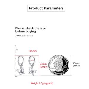 Cute CZ Butterfly Dangle Hoop Earrings for Women S925 Sterling Silver with Charms Huggie Hoops Crystal Drop Cartilage Filigree Jewelry Delicate Fashion Dainty for Dauther