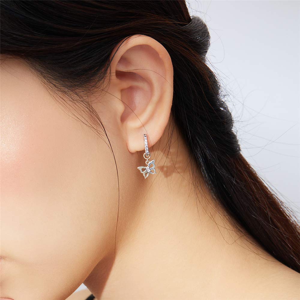 Cute CZ Butterfly Dangle Hoop Earrings for Women S925 Sterling Silver with Charms Huggie Hoops Crystal Drop Cartilage Filigree Jewelry Delicate Fashion Dainty for Dauther