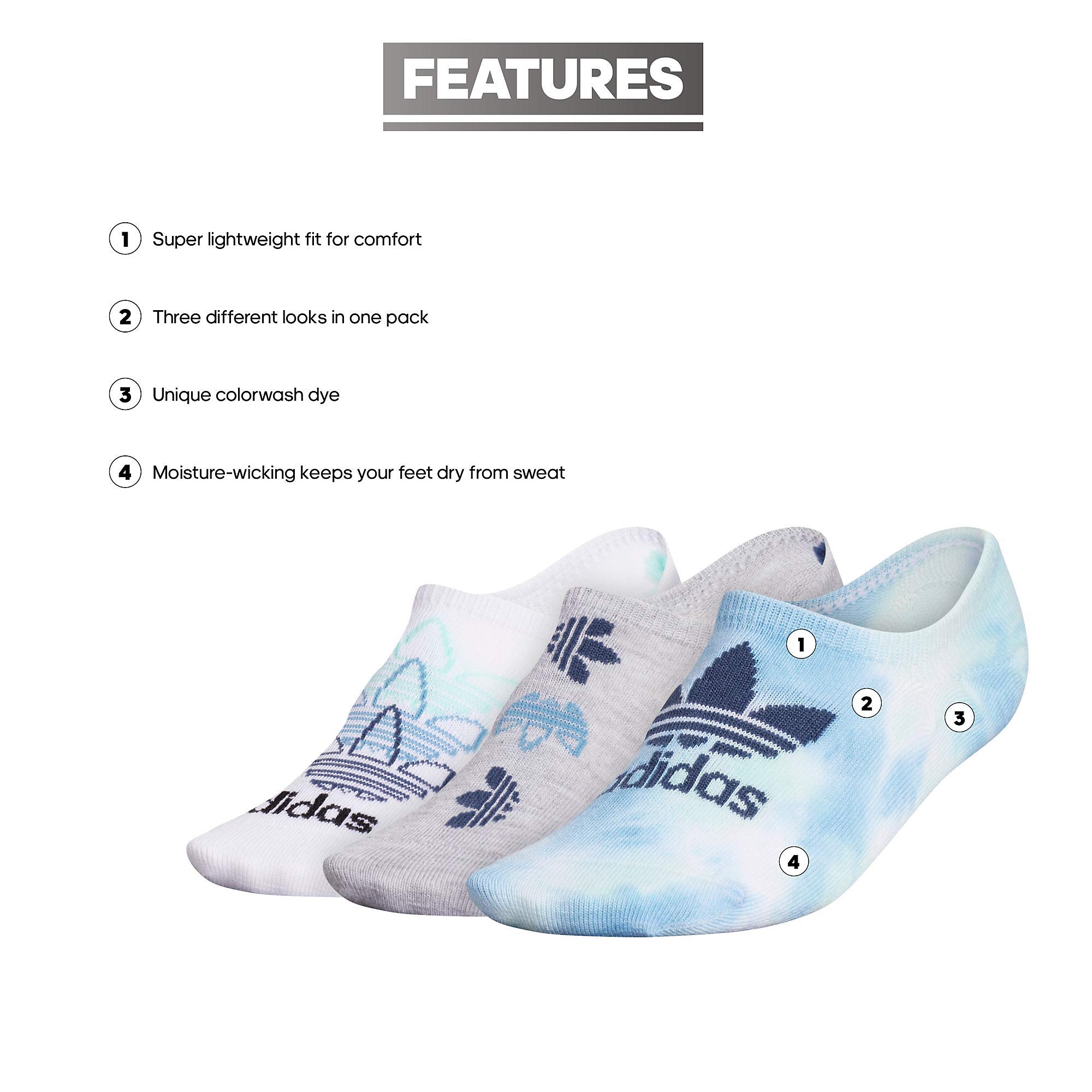 adidas Originals Women's Originals Color Wash 3-Pack Super No Show, Clear Mint/Hazy Blue/Crew Navy Cool Light Heather/Hazy Blue/Crew Navy, Medium