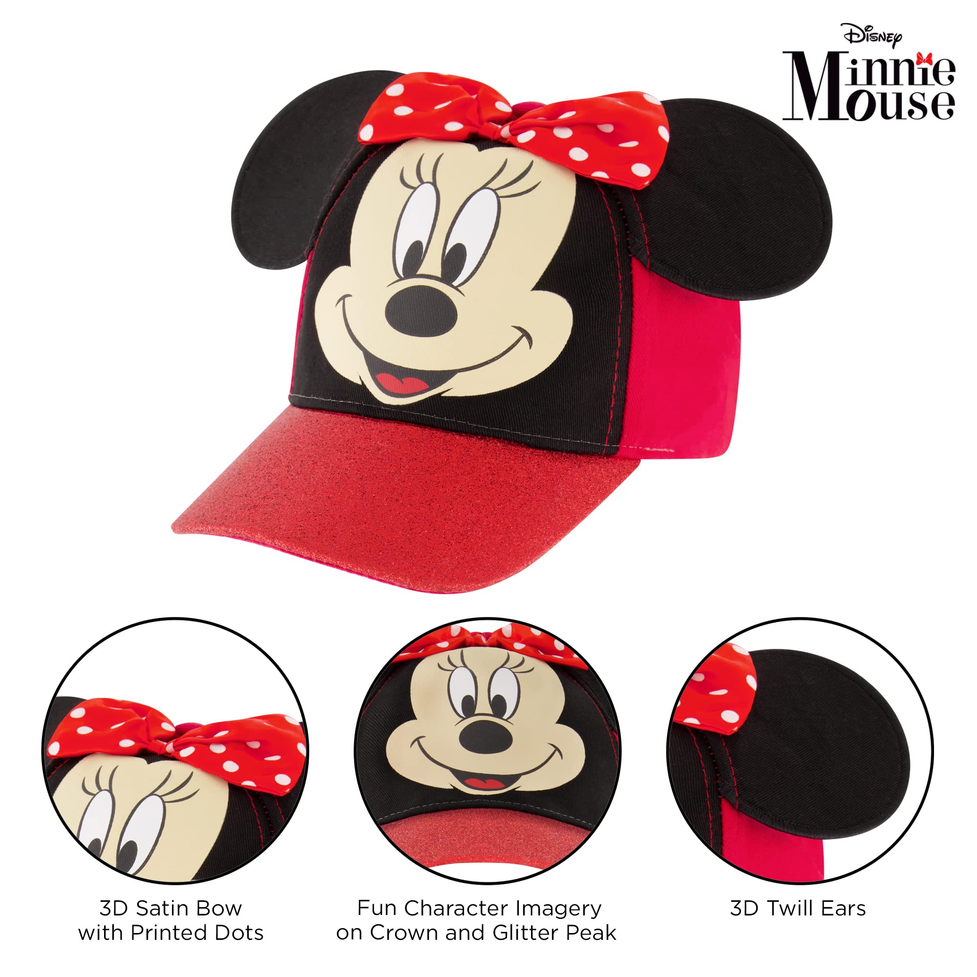 Disney Baseball Cap, Minnie Mouse Ears Adjustable Toddler 2-4, Red Glitter