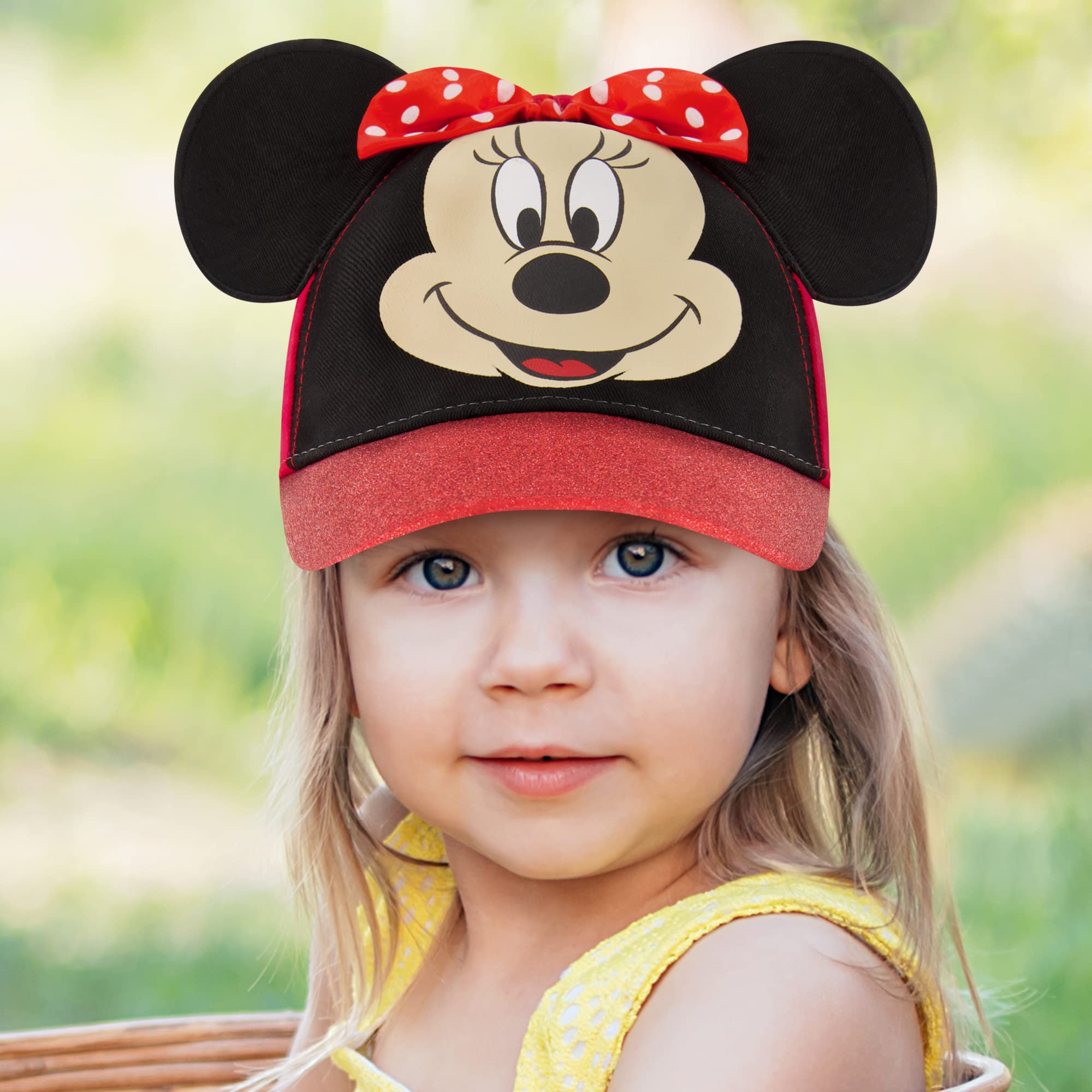 Disney Baseball Cap, Minnie Mouse Ears Adjustable Toddler 2-4, Red Glitter