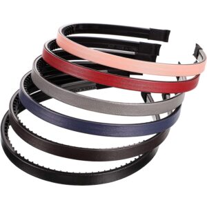 willbond 6 pieces skinny leather covered headband plastic skinny headband hair loop clasp hairbands solid simple headband for women(1.1 cm,matte pink, wine red, navy blue, coffee, black and grey)