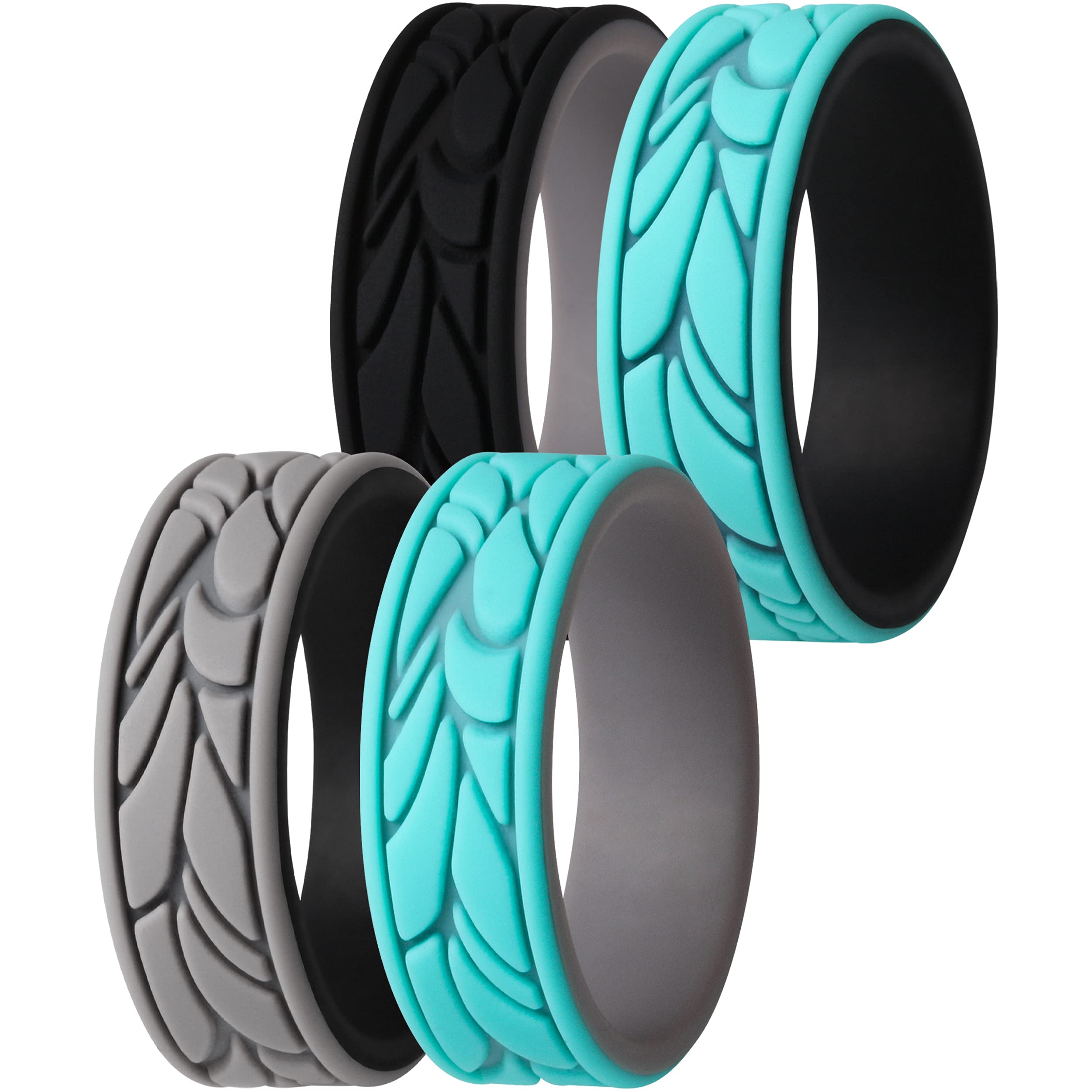 ThunderFit Silicone Rings for Women, Patterned Design Wedding Bands - 1/4/7 Variety Multipack (Teal-Black, Black-Grey, Teal-Grey, Grey-Black, 6.5-7 (17.3mm))